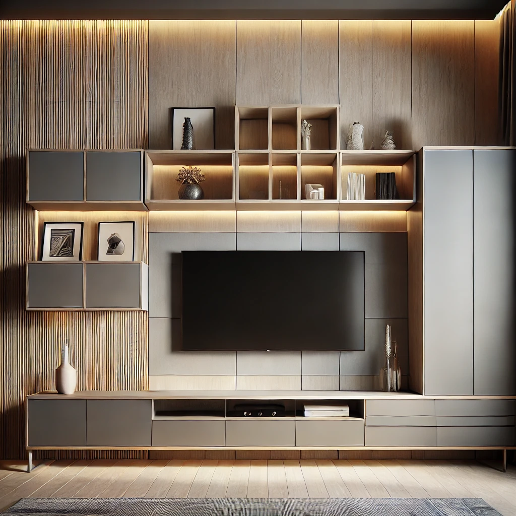 Sleek modern TV unit with wall-mounted design, featuring built-in storage cabinets, open shelving, and ambient lighting. The design uses a combination of wood and metal materials, offering a minimalist and contemporary look, ideal for Indian living rooms in 2025