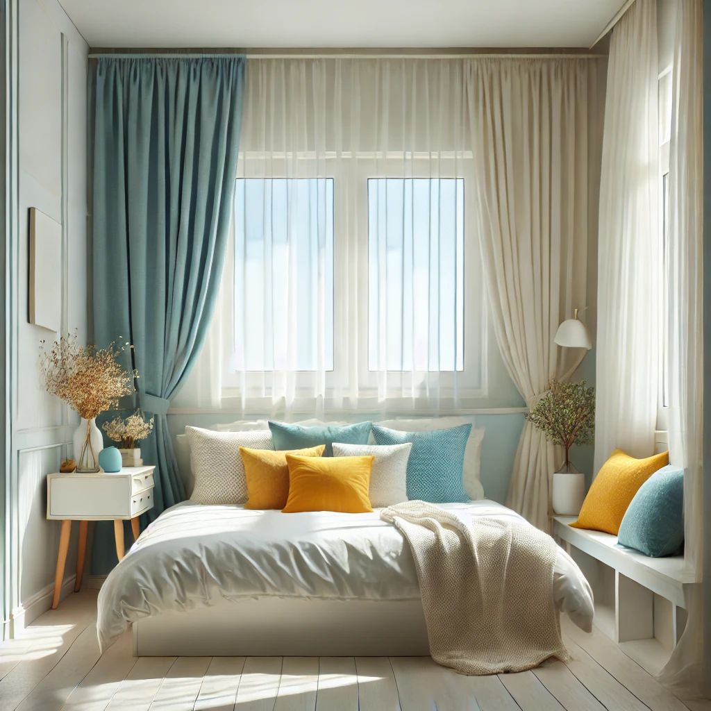 New small bedroom decorating concepts for 2025. the image showcasing the light and airy color scheme, with soft tones of white, pale blue, and beige, accented by vibrant pillows and curtains. It creates a calm, spacious feel in the small bedroom.