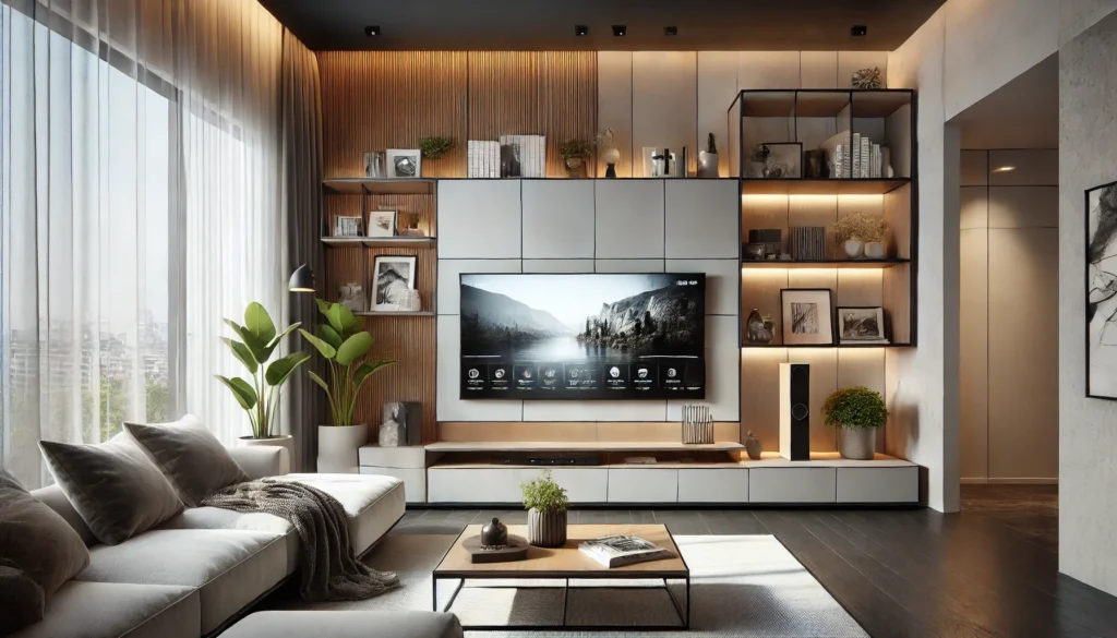 "Modern living room with a floating TV unit as the focal point, featuring built-in LED lighting, matte finish, and a blend of open and closed shelving for decor and storage, creating a cozy and stylish ambiance with neutral colors and indoor plants."