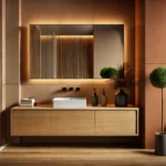 an image depicting a modern minimalist bathroom with warm earthy tones, a floating vanity, and integrated lighting as described.