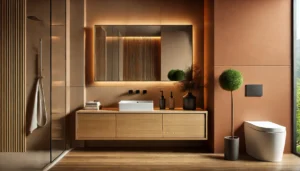 an image depicting a modern minimalist bathroom with warm earthy tones, a floating vanity, and integrated lighting as described.