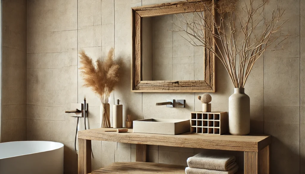 an image showcasing a minimalist bathroom featuring natural materials, such as a stone countertop and bamboo storage, for your blog.