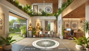 A serene and harmonious setting featuring a modern Indian home and office inspired by Vaastu Shastra principles. It showcases a welcoming entrance, southeast kitchen, and a north-facing office desk, emphasizing balance, prosperity, and positive energy through traditional and modern design elements.