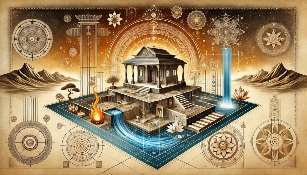 An artistic illustration of the foundation of Vaastu Shastra, showcasing an ancient Indian architectural blueprint.