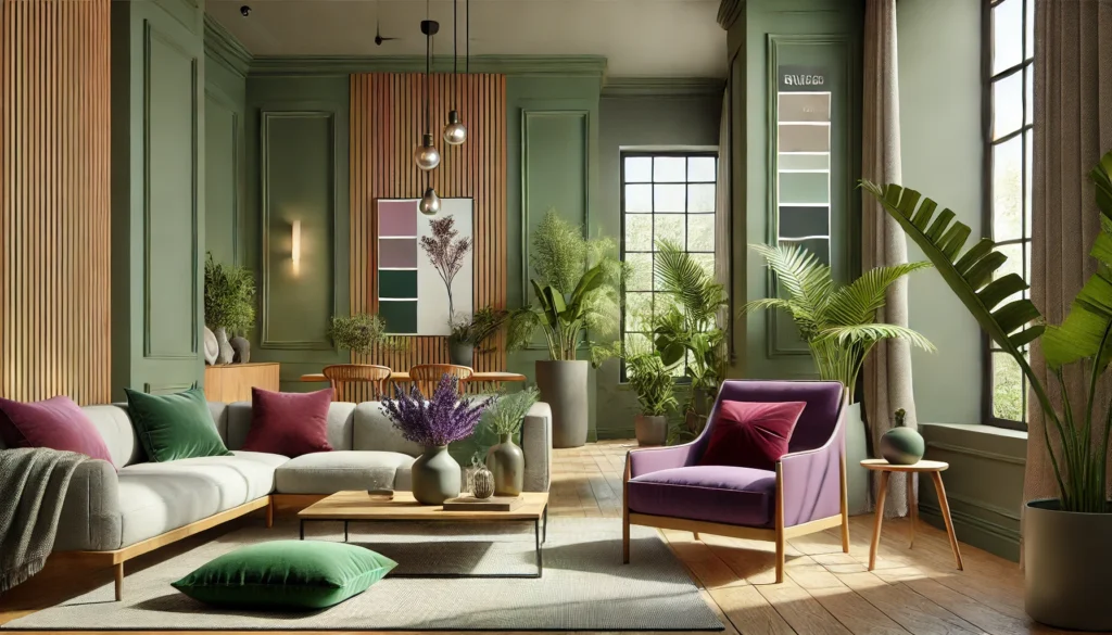 an image illustrating the 2025 color trends in a modern home interior. It features verdant greens, digital lavender, and bold reds, creating a stylish and harmonious ambiance.