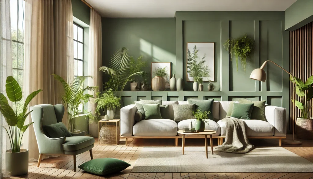  the image illustrating the verdant green color trend in a living room setting. 