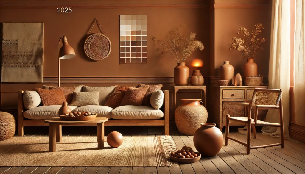 the image showcasing the warm earth tones of 2025, featuring terracotta walls, a caramel-colored sofa, and rustic decor elements. 