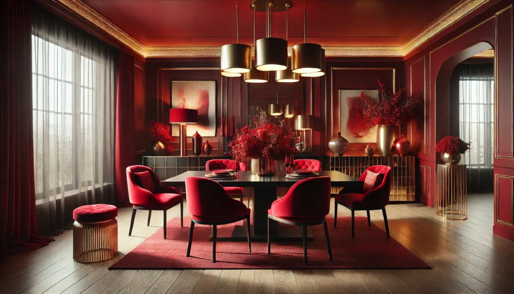 the image showcasing the bold red color trend of 2025 in a luxurious dining room setting, featuring deep burgundy walls and crimson accents.