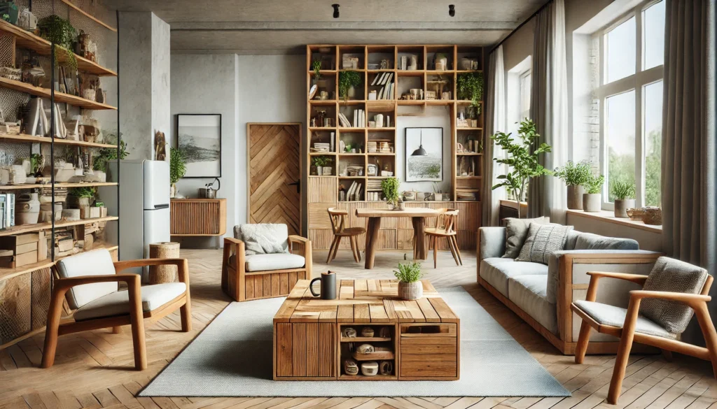  "Focus on Sustainable Furniture" topic, highlighting a sustainable living room with upcycled furniture, modular seating, and FSC-certified pieces.