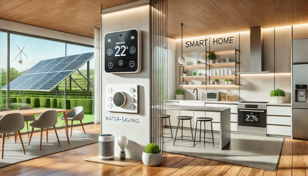 Here is the generated image for the "Embrace Smart Home Technology" topic, showcasing a modern interior with smart devices, solar panels, and energy-efficient features seamlessly integrated into the design. Let me know if you'd like further adjustments!