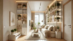 the image depicting a cozy and stylish small apartment interior design.