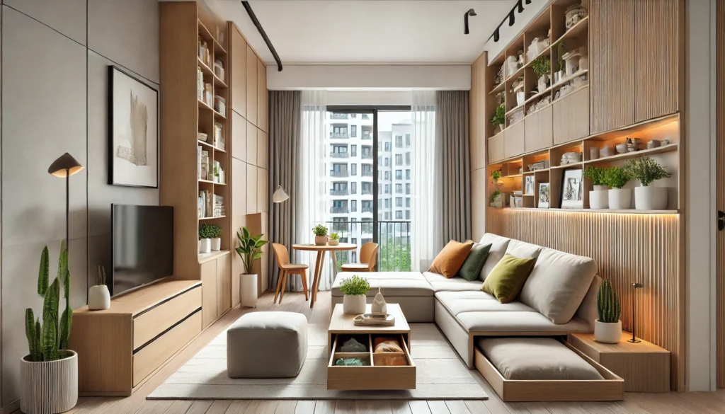 The image highlighting smart, space-saving furniture in a stylish and modern small apartment living room.