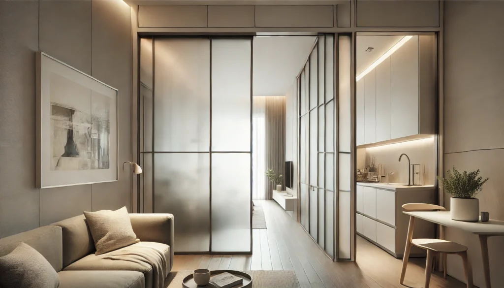 A small apartment featuring frosted glass sliding doors.