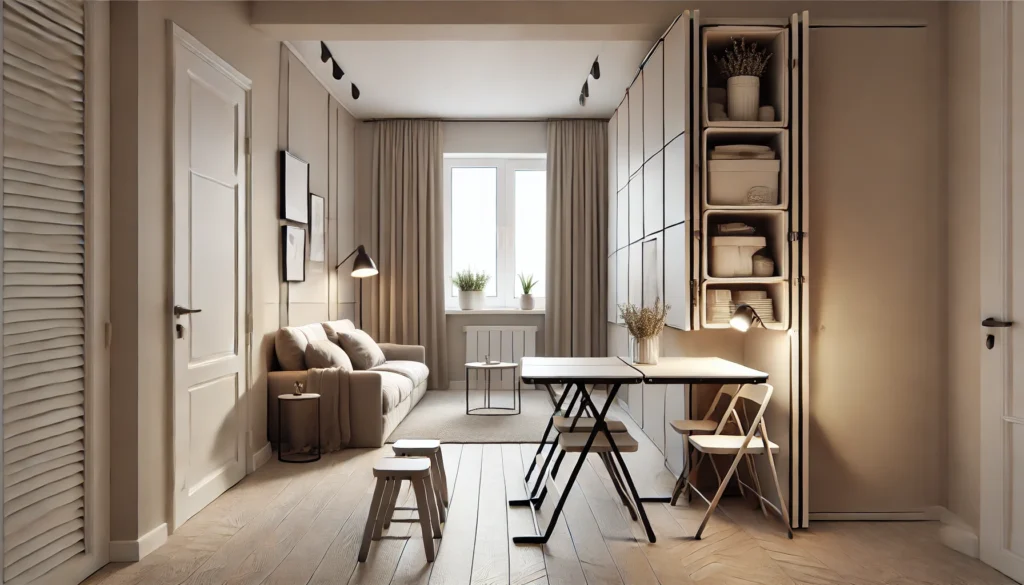 Small Apartment Interior Design Ideas with foldable and stackable furniture, highlighting functionality and efficient use of space.