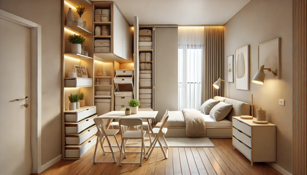  Folding and Stacking Furniture, demonstrating a functional and stylish small apartment design.