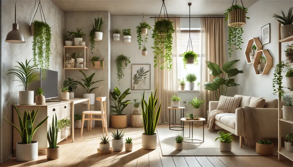 a small apartment enhanced with vibrant indoor plants, creating a fresh and inviting atmosphere.