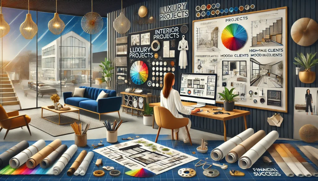  image illustrating the journey of turning interior design into a lucrative career. It highlights creativity, ambition, and the tools of success in the field.