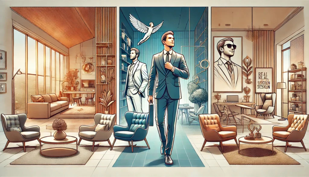 an image illustrating real-life success stories in interior design. It highlights creativity, luxury, and the accomplishments of successful designers.