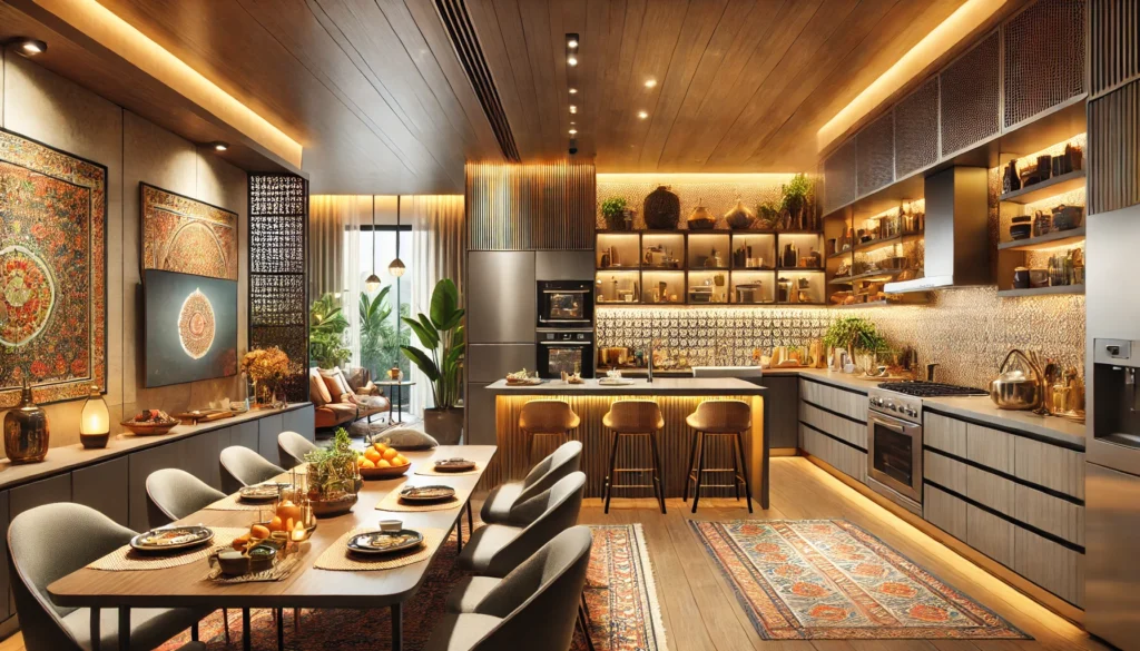 an image illustrating a modern Indian kitchen design for 2025, blending traditional Indian elements with contemporary features.