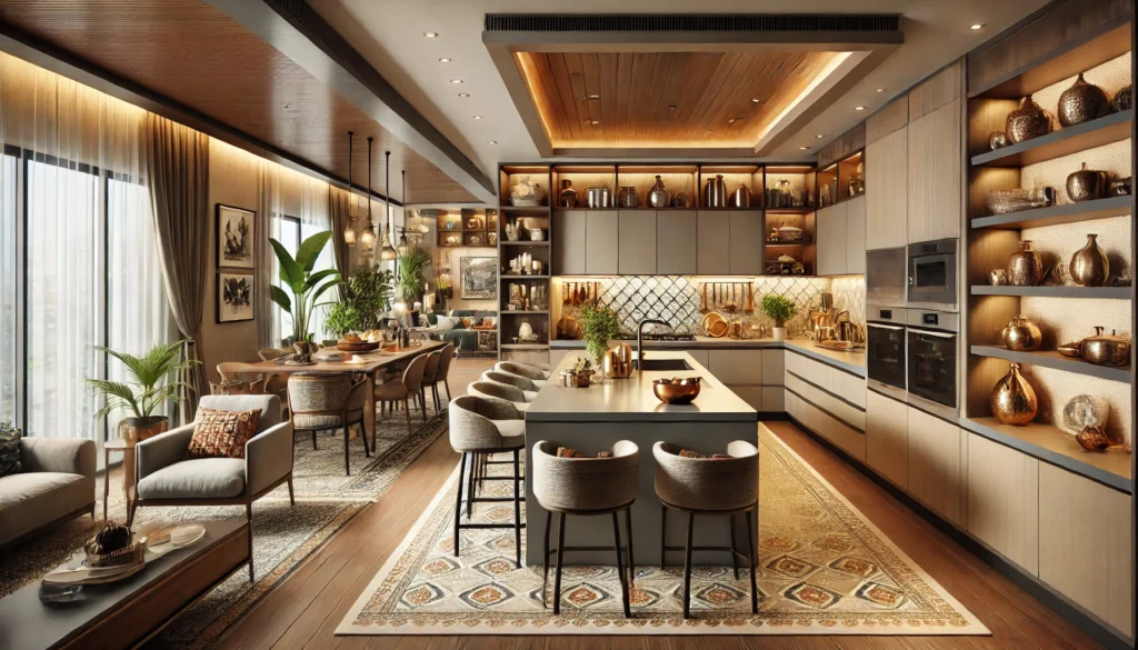 an image showcasing an open kitchen layout designed for Indian homes in 2025, blending modern design with traditional accents.