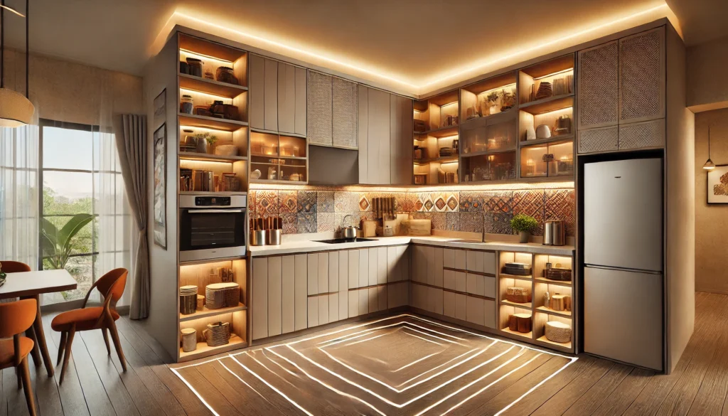 an image illustrating an L-shaped kitchen layout designed for Indian homes in 2025, combining efficiency, style, and traditional charm.