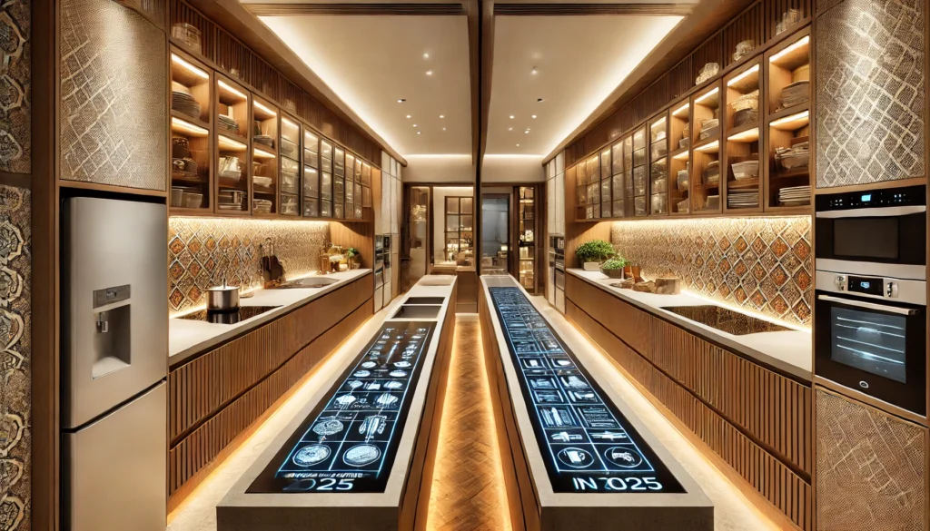 an image showcasing a parallel kitchen layout designed for Indian homes in 2025, emphasizing efficiency, organization, and a blend of modern and traditional elements.