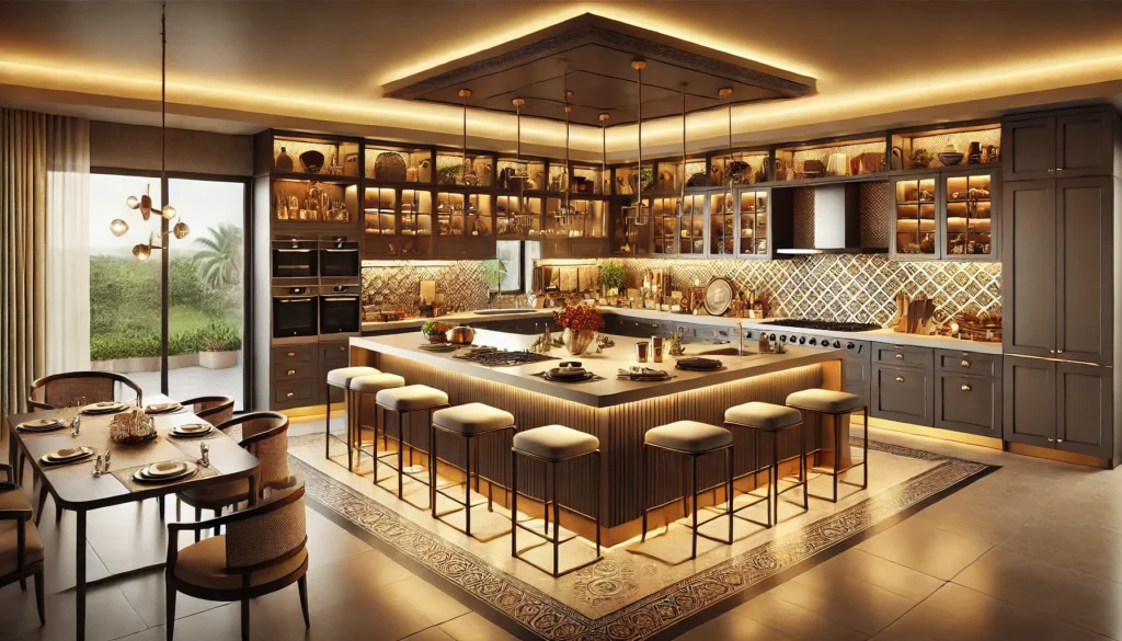 an image showcasing an island kitchen, blending luxury, functionality, and traditional charm.