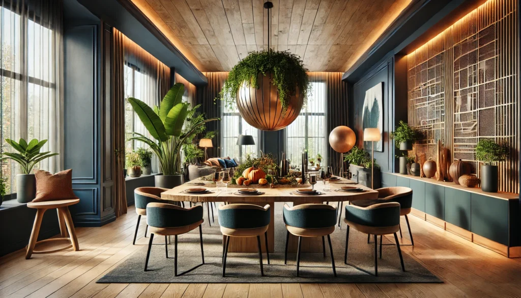Modern dining room showcasing sustainable design, bold colors, and smart lighting – Dining Room Trends 2025.