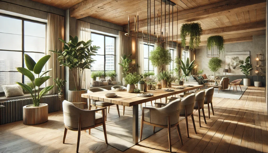 the image illustrating the Sustainable Dining Spaces trend for 2025, showcasing reclaimed wood furniture, natural light, and eco-friendly decor.