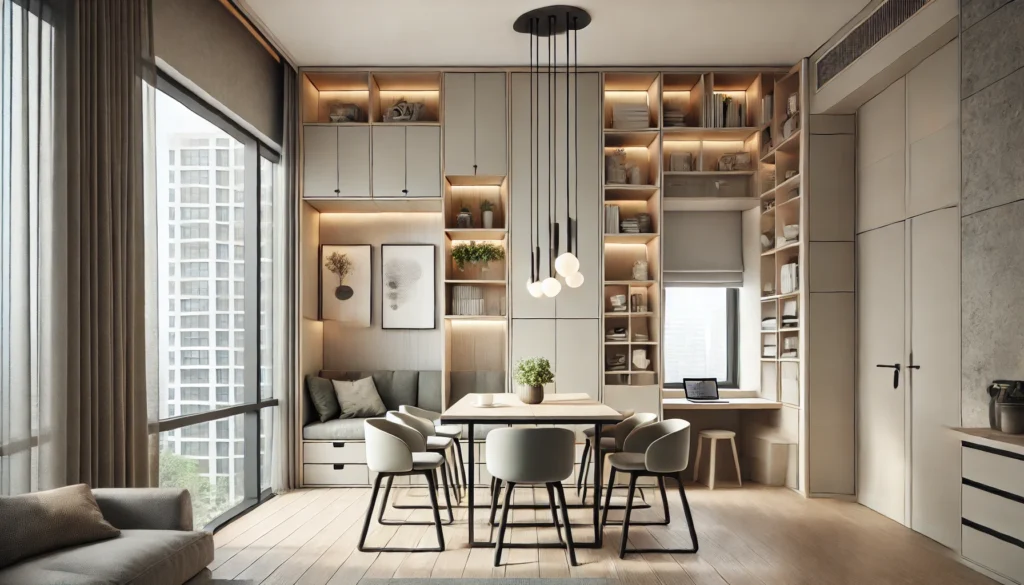 the image representing Multifunctional Dining Areas, showcasing an extendable table, integrated storage, and a smart layout for compact spaces.