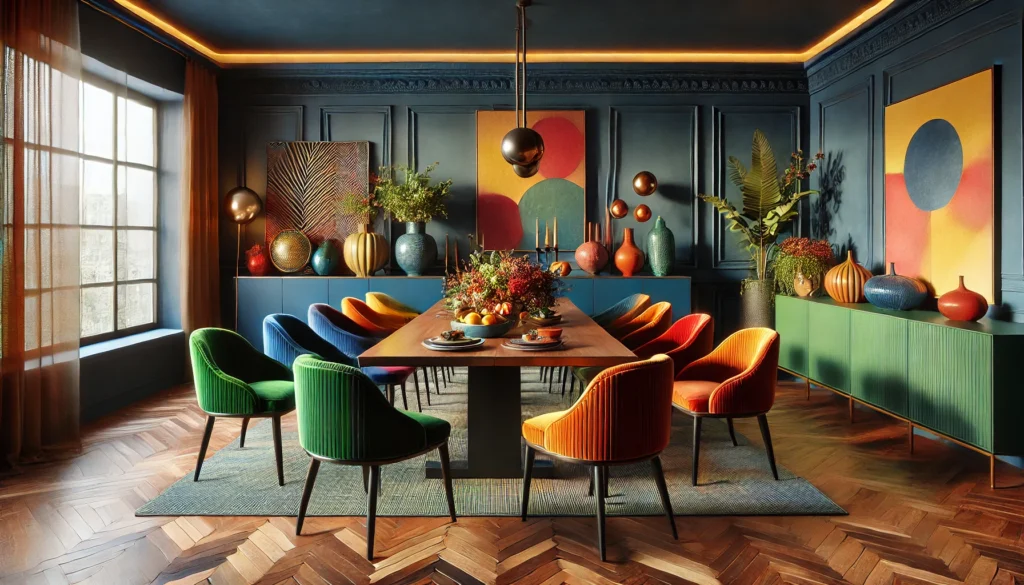 the image showcasing Bold Color Palettes in dining room design, featuring rich hues, colorful furniture, and vibrant decor elements.