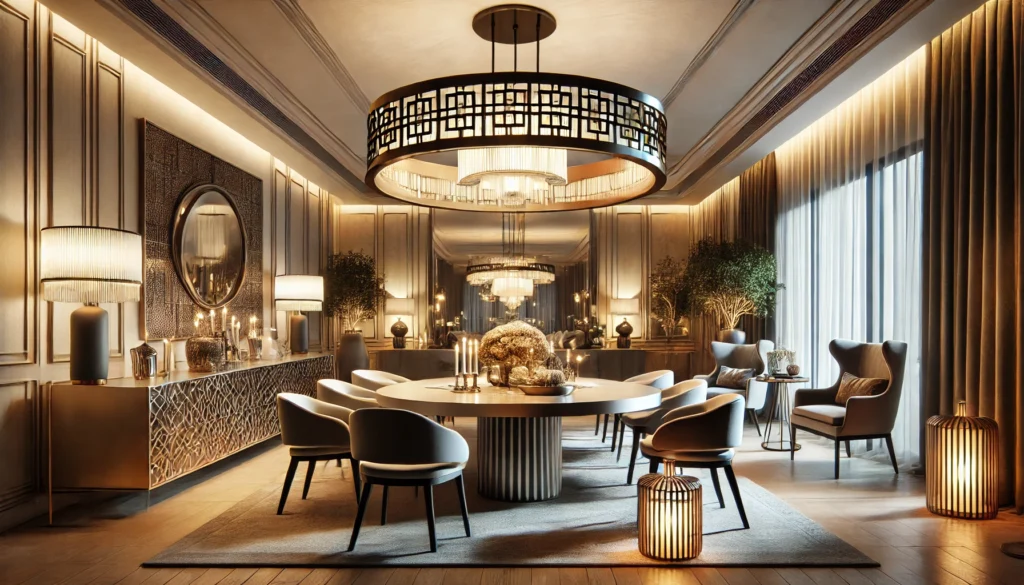 the image illustrating Statement Lighting in dining room design, featuring an oversized pendant light, intricate chandeliers, and a sophisticated ambiance.