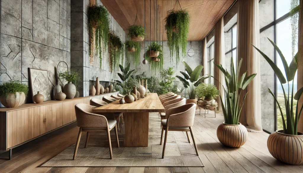 the image representing Nature-Inspired Decor, showcasing biophilic elements, natural materials, and an inviting, earthy ambiance.
