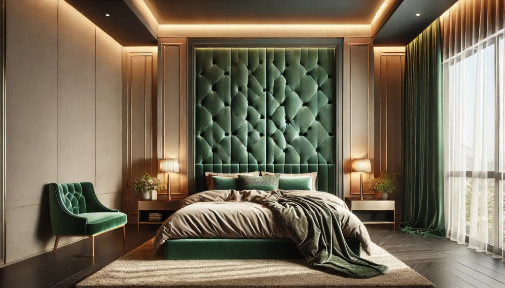 a luxurious bedroom with an upholstered emerald green velvet bed header wall as the central focus.