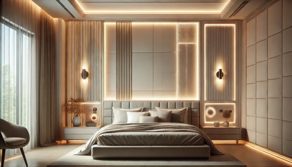 a contemporary bedroom showcasing a bed header wall integrated with modern lighting elements like LED strip lights, backlit panels, and embedded sconces.