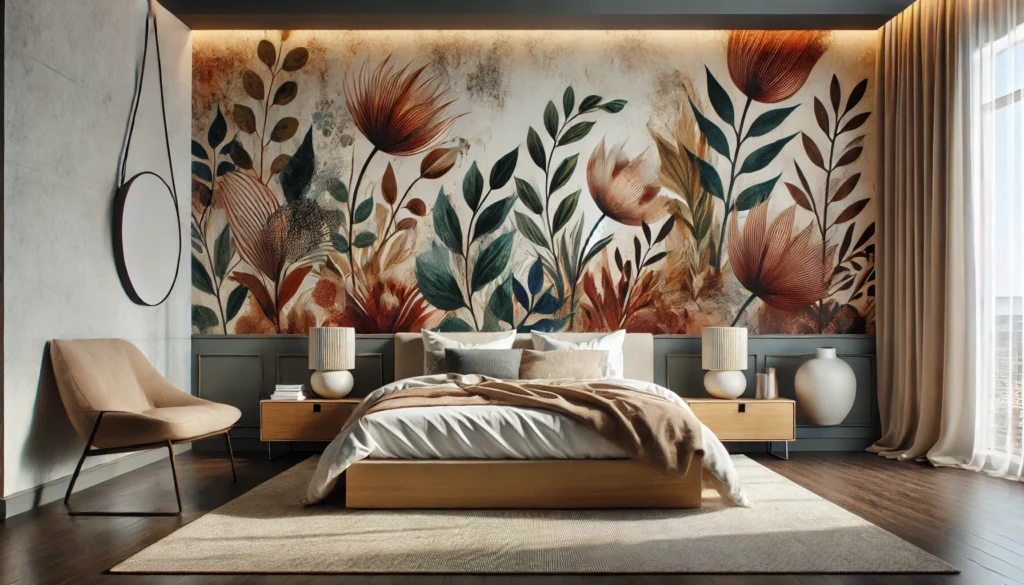 a modern bedroom featuring a bed header wall transformed into an artistic statement piece with an oversized abstract mural.