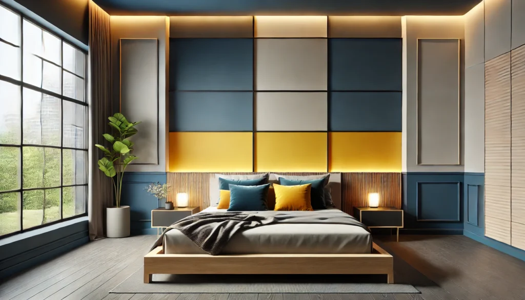 a modern bedroom showcasing a bold bed header wall with solid color blocks arranged in a geometric design.