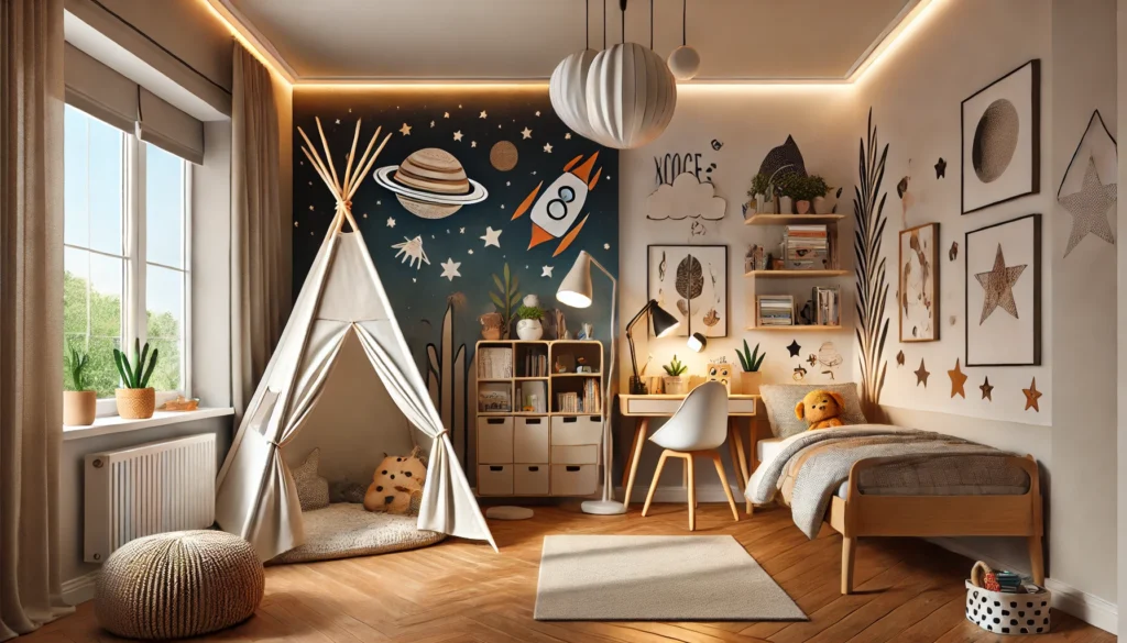 A beautifully designed kids' bedroom that blends functionality and creativity.