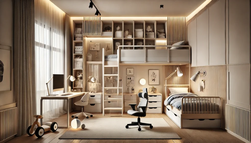A modern kids' bedroom with adaptable furniture that grows with the child.