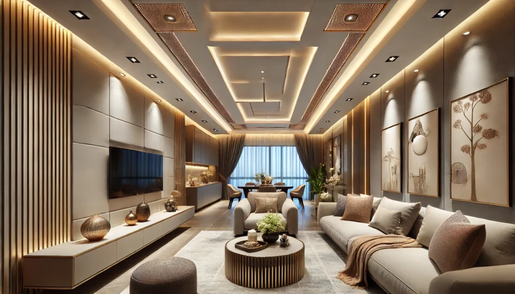 A modern living room with a stylish false ceiling featuring embedded LED strips, recessed lighting, and elegant décor, creating a warm and sophisticated ambiance.