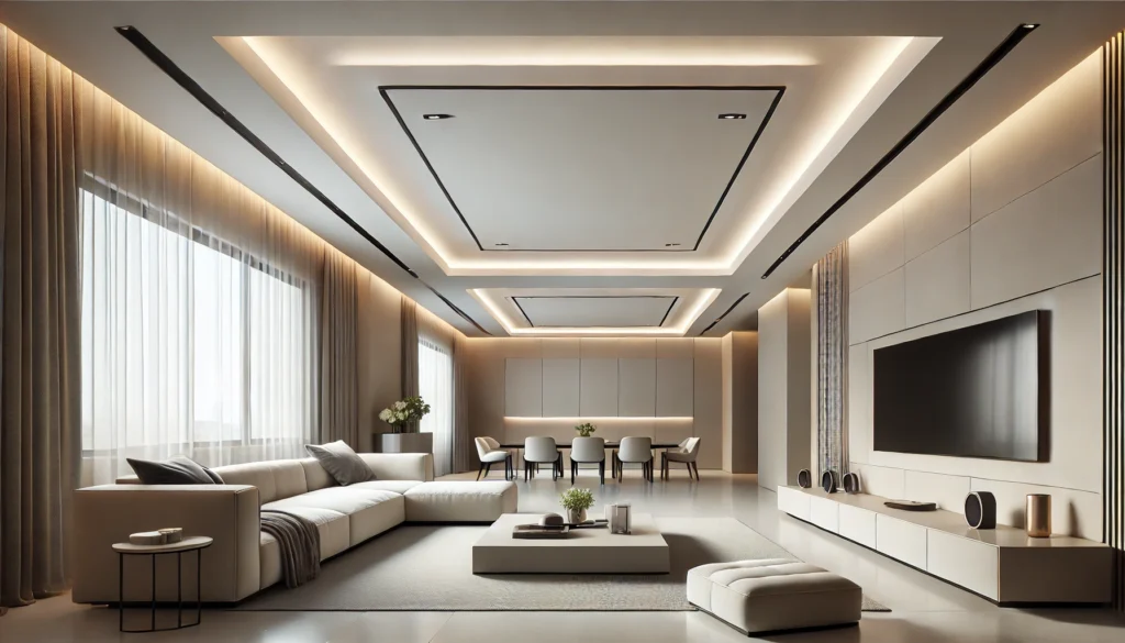 image of a modern living room with a minimalist gypsum false ceiling.