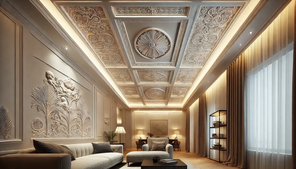 a modern living room with an artistic POP false ceiling.