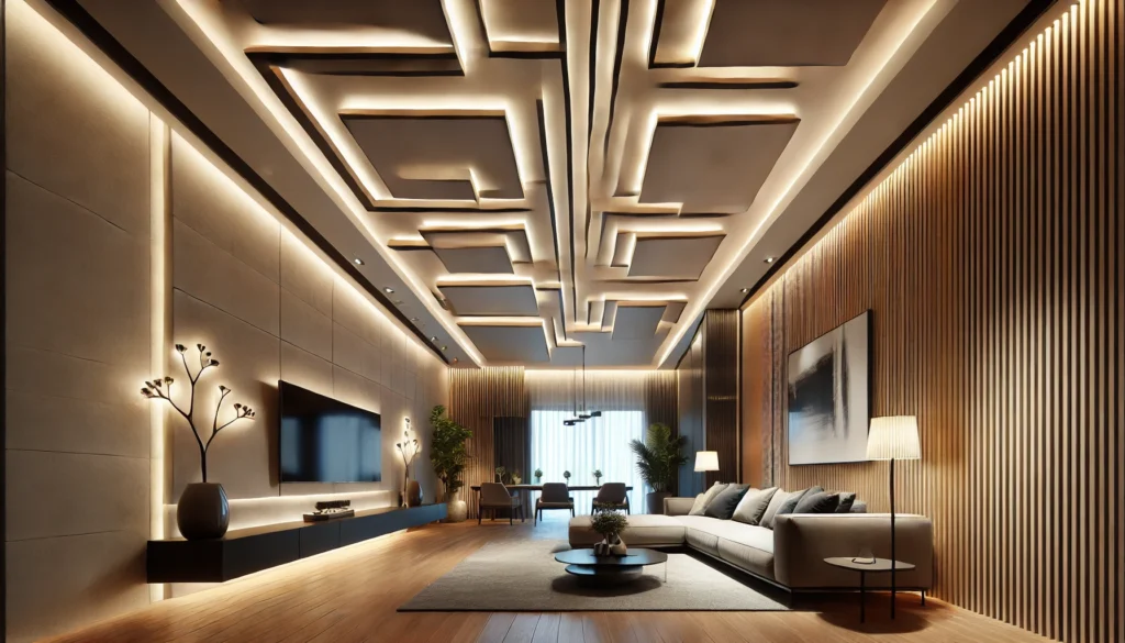 a modern living room with a floating and layered false ceiling design.