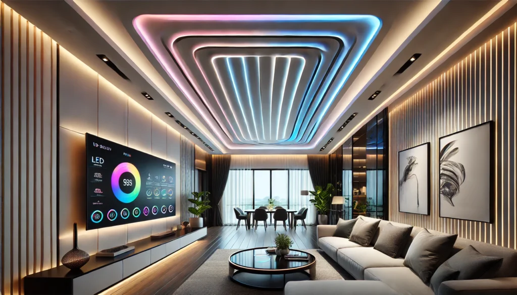 a modern living room with a smart false ceiling featuring LED and RGB lighting.