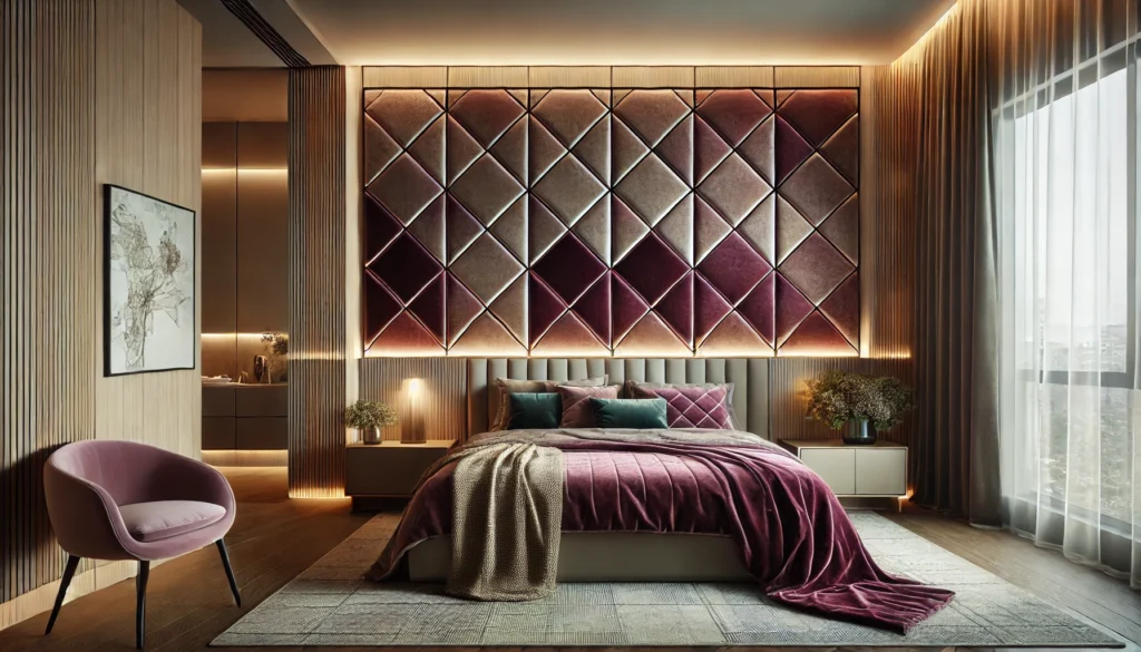 a modern bedroom featuring an upholstered bedhead wall, a top trend for 2025