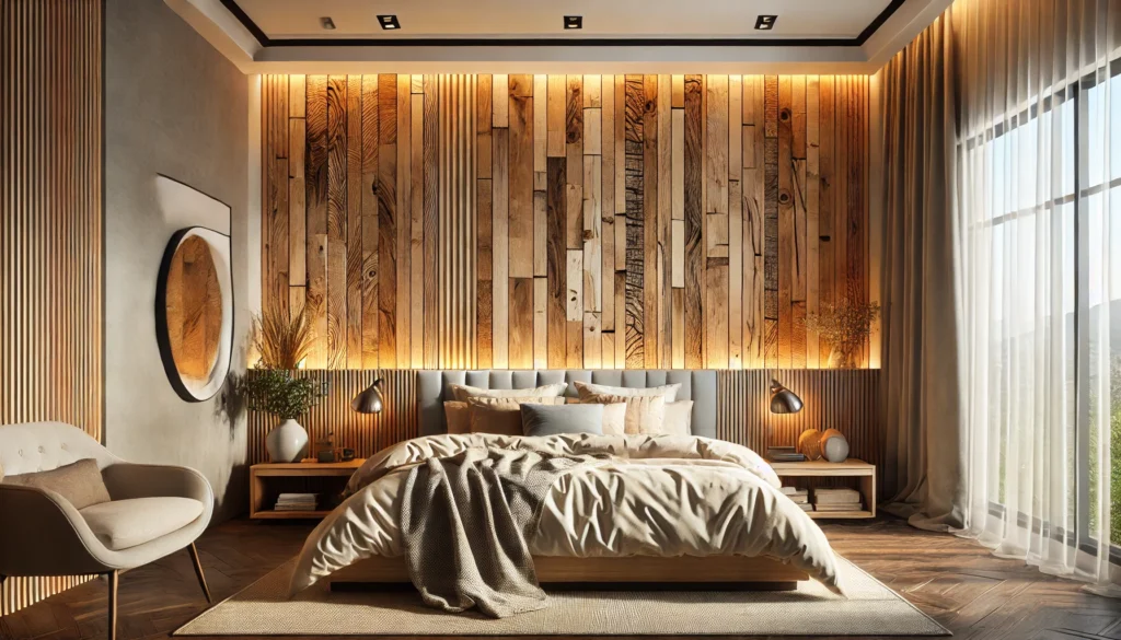 a stylish bedroom featuring a wooden accent bedhead wall
