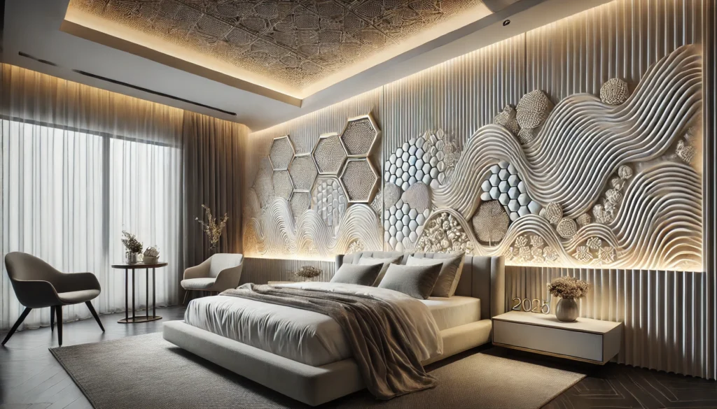 a modern bedroom featuring a 3D textured bedhead wall