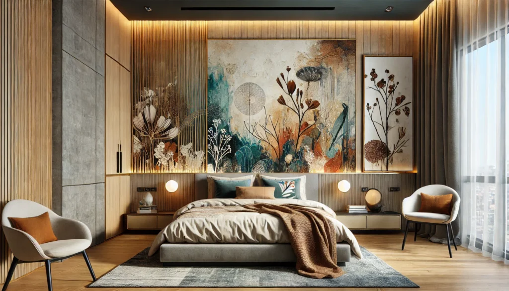 a stylish bedroom featuring a bedhead wall with artistic elements and wall murals