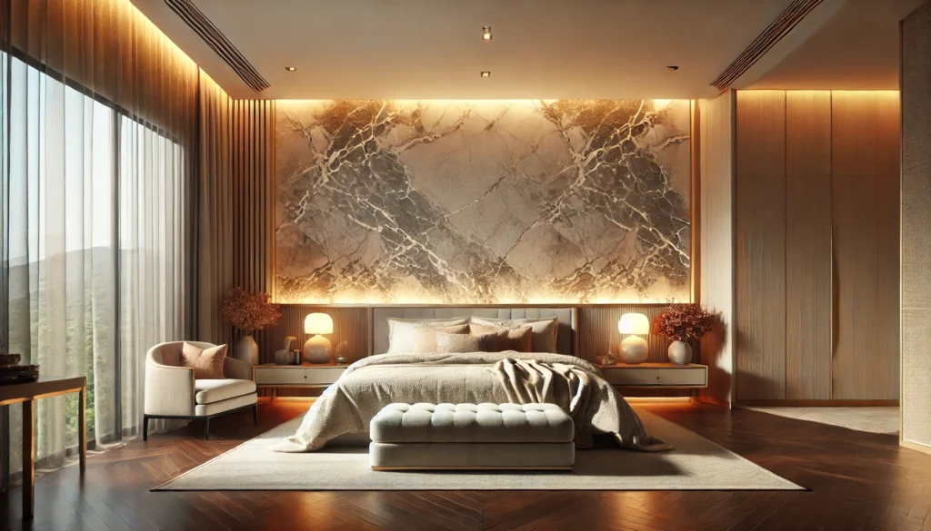 a luxurious bedroom featuring a marble and stone-finish bedhead wall