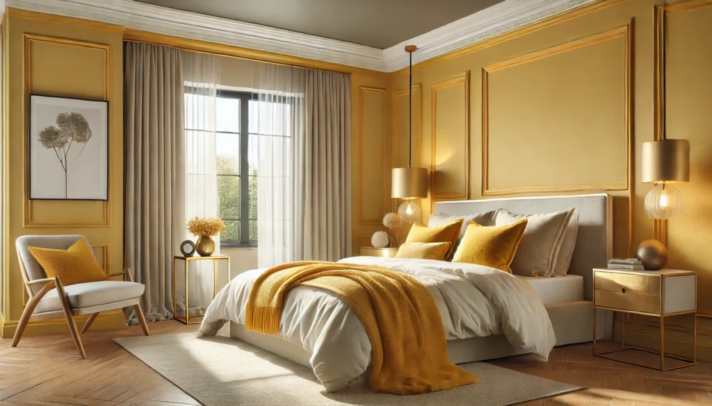 a cozy and elegant bedroom featuring a butter yellow accent wall
